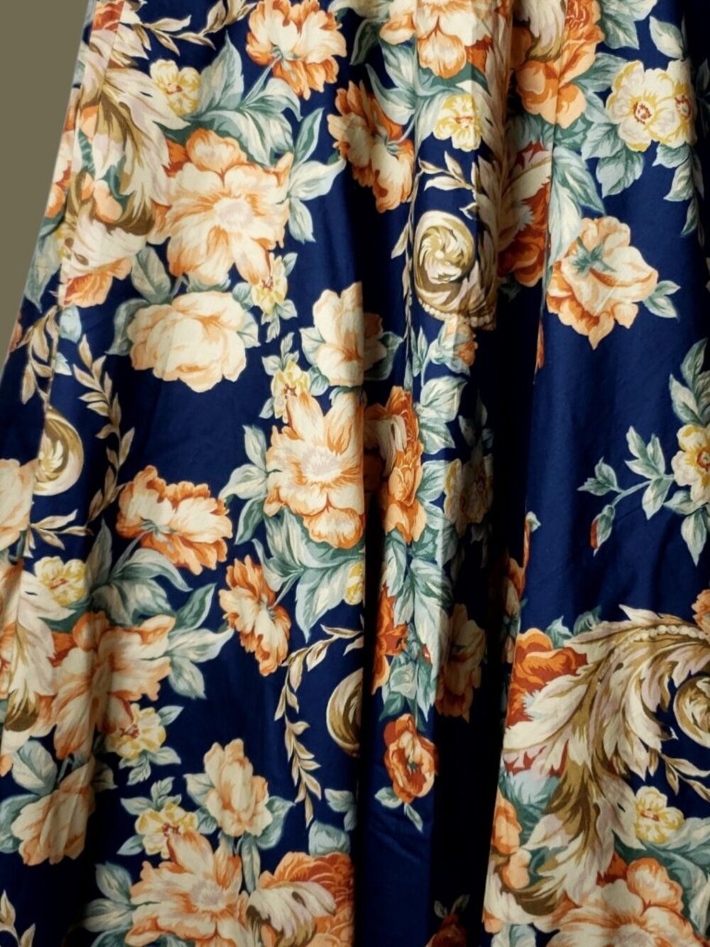 Vintage Floral Print Elastic Waist Midi Skirt In Navy & Orange One Size - Picture 4 of 10